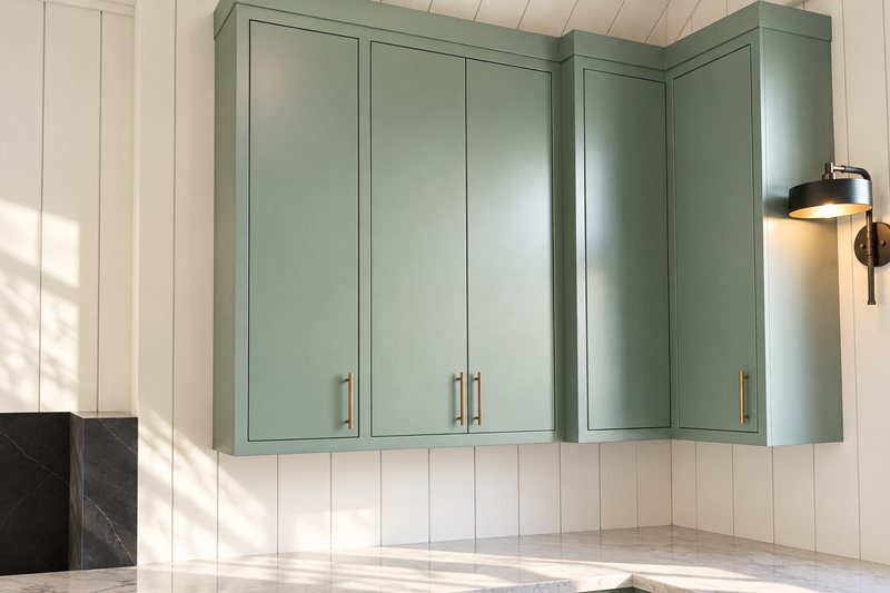Sage green upper cabinets with brass pulls