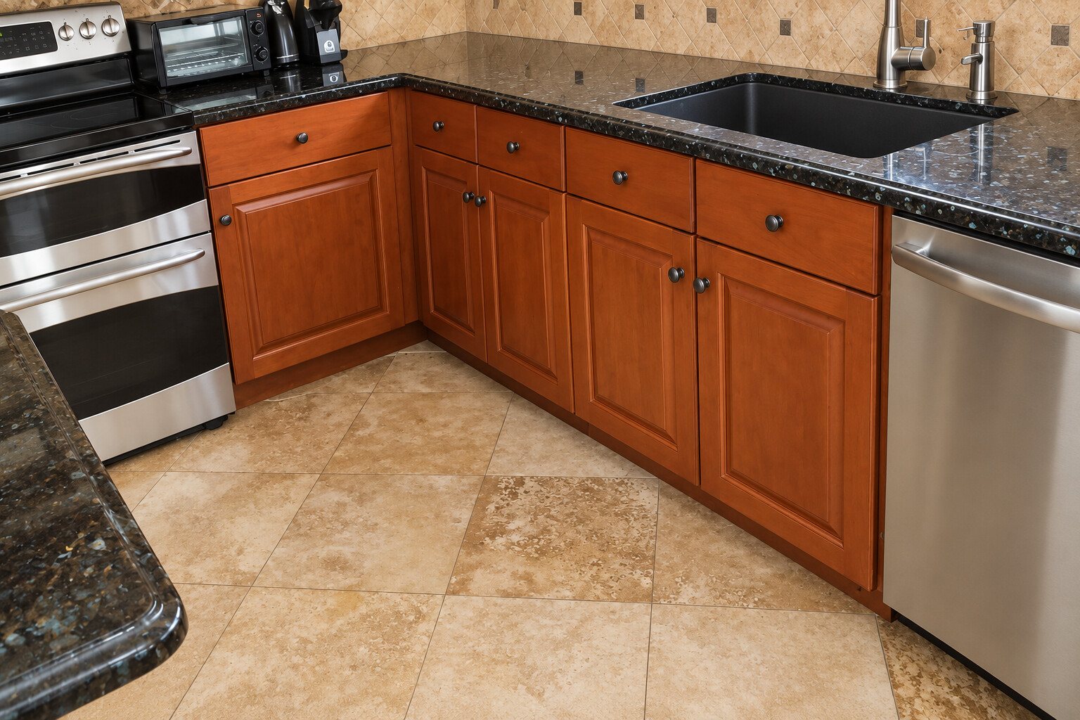 Kitchen cabinets refinished in a hand-applied cherry stain, Phoenix AZ